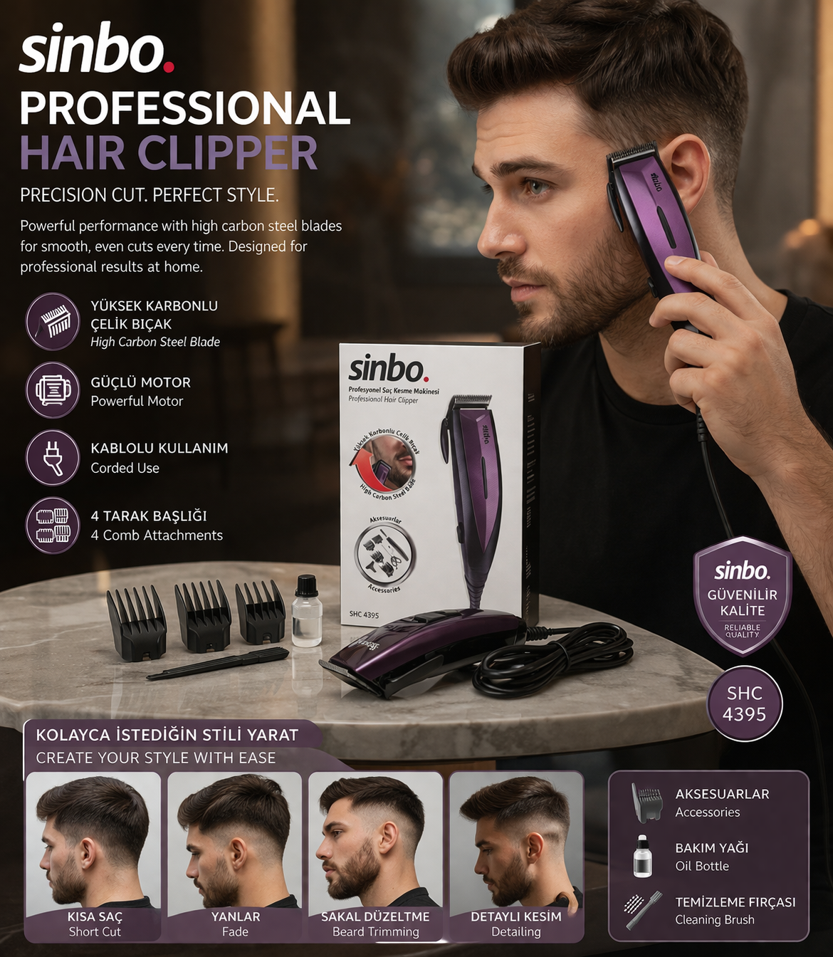 Sinbo SHC 4395 Professional Hair Clipper Kit – High Carbon Steel Precision Blades, Powerful Motor for Home & Salon Use