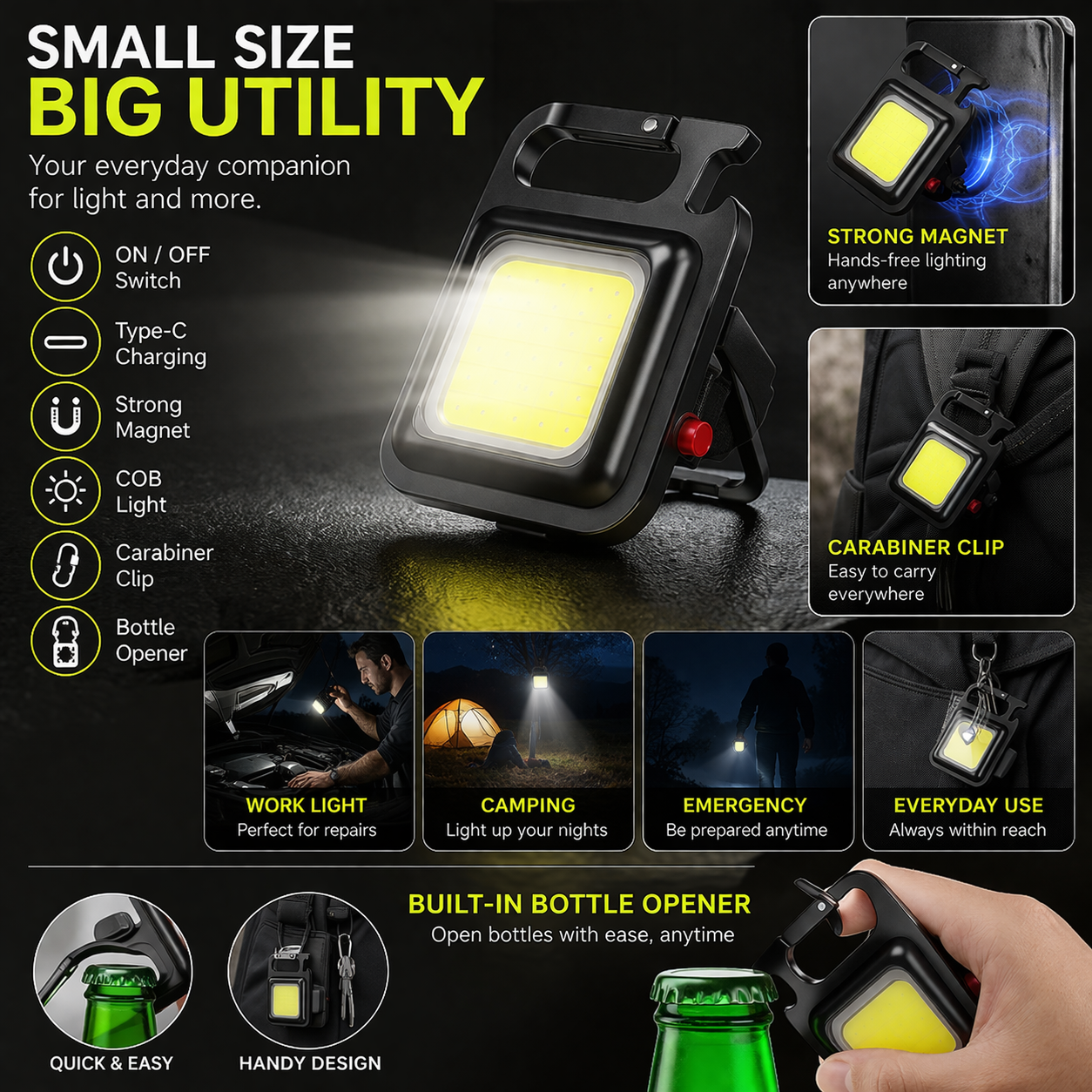 Ultra-Bright COB Rechargeable Keychain Light – Compact Pocket Work Light with Foldable Stand, Durable Carabiner Clip, and Multi-Purpose Outdoor Utility