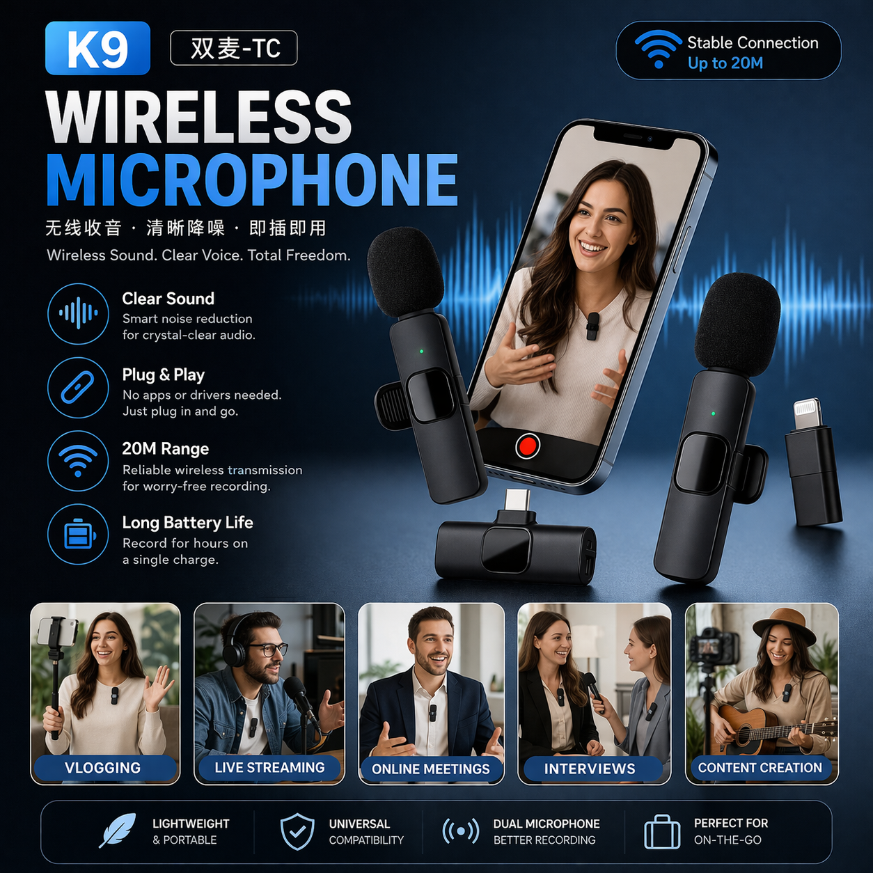 K9 Dual Wireless Lavalier Microphone (Type-C) – Noise Reduction Mini Mic for Vlogging, Interviews & Content Creation