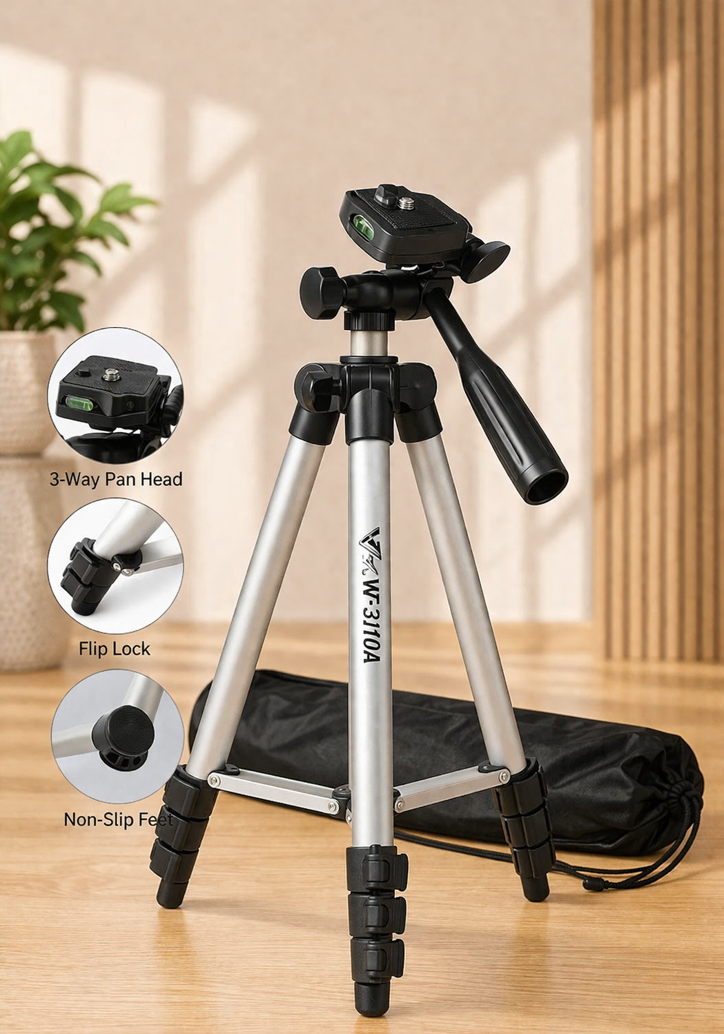 WT-3110A Professional Adjustable Camera Tripod Stand with 3-Way Pan Head – Lightweight Aluminum Tripod for DSLR & Mobile