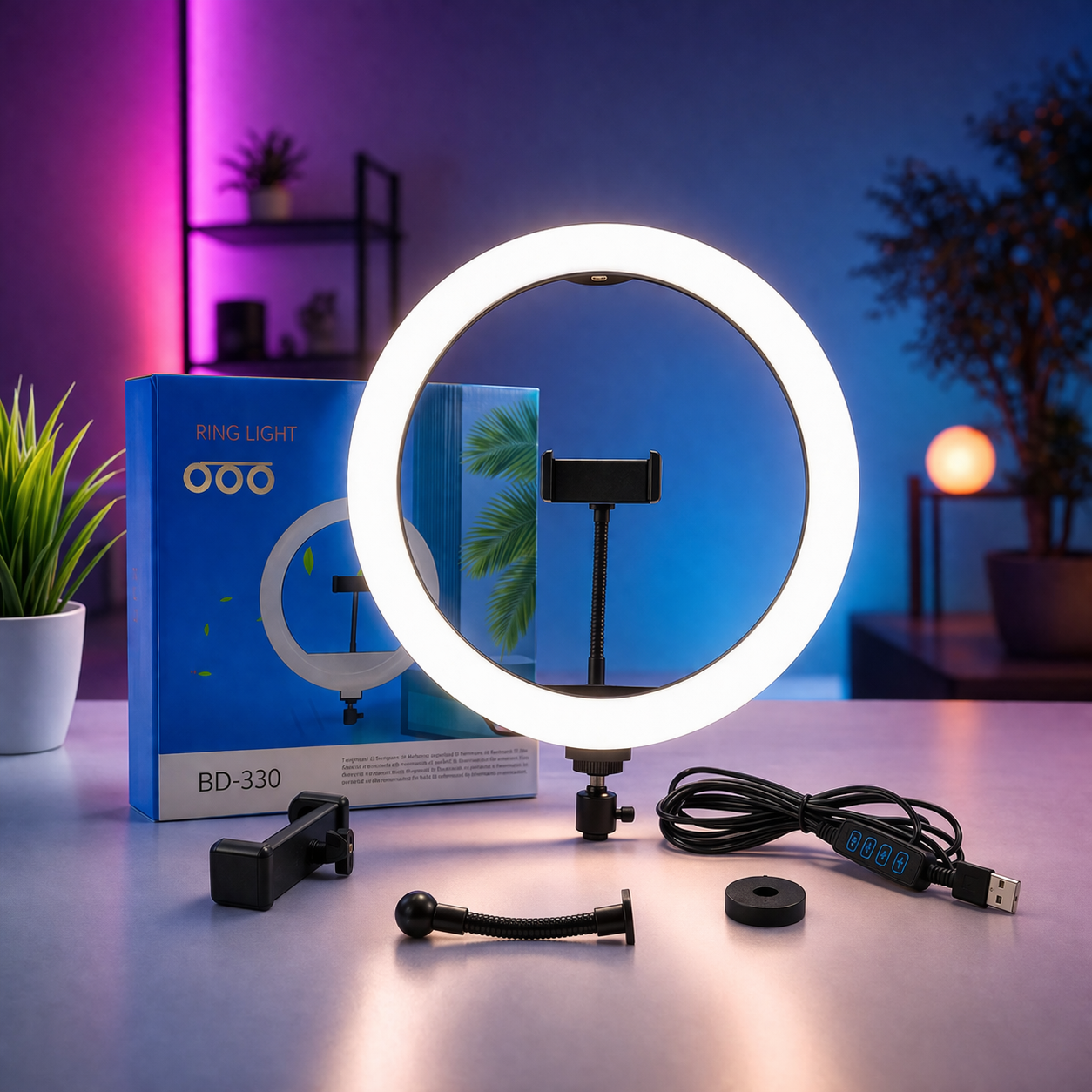 LED Ring Light with Mobile Holder & USB Controller – Dimmable Soft Light for TikTok, YouTube, Makeup & Product Photography