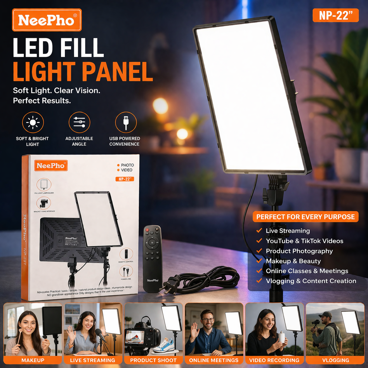 NeePho NP-22 Professional LED Fill Light Panel with Remote & Stand – Studio Lighting for Photography, Video & Content Creation