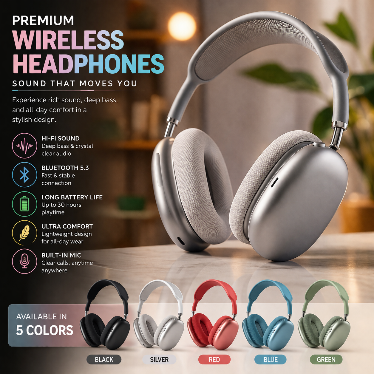 P9 Wireless Bluetooth Headphones – Hi-Fi Stereo Sound, Noise Reduction & Long Battery Life Over-Ear Headset