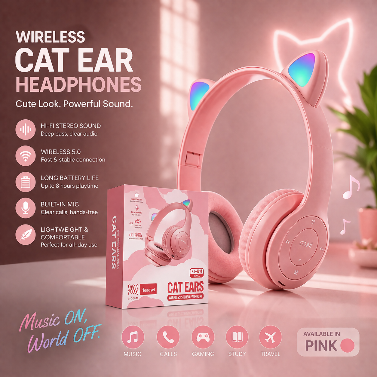 KT-49M Cat Ear Wireless Bluetooth Headphones – RGB Light, Hi-Fi Sound & Cute Over-Ear Headset for Kids & Girls