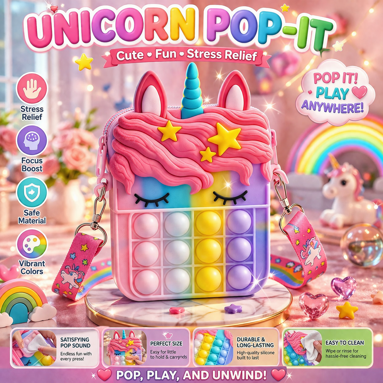 Unicorn Pop-It Crossbody Bag for Kids – Rainbow Silicone Sensory Toy Purse (Stress Relief & Fun Play)