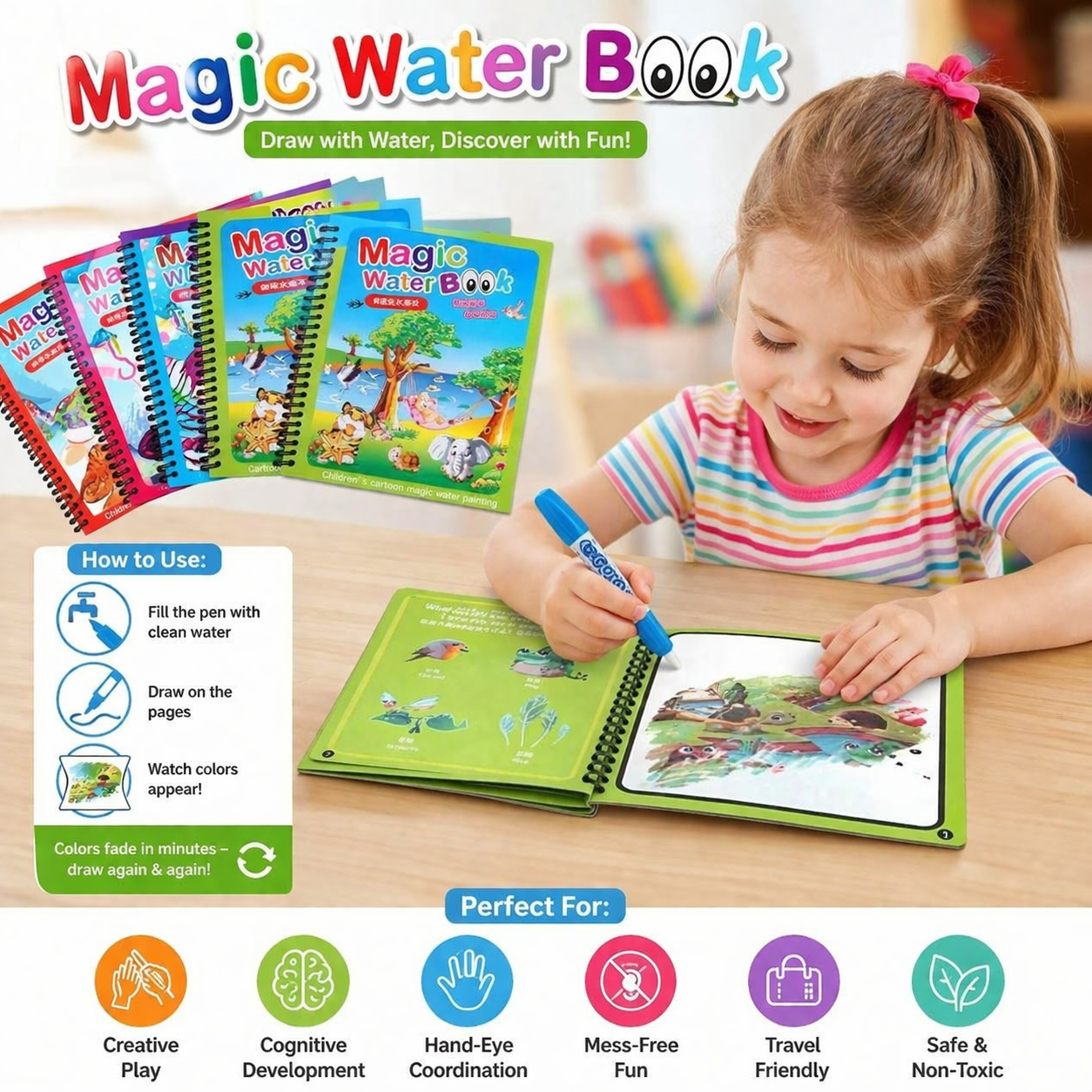 Magic Water Coloring Book for Kids β Reusable Mess-Free Drawing & Learning Activity Book