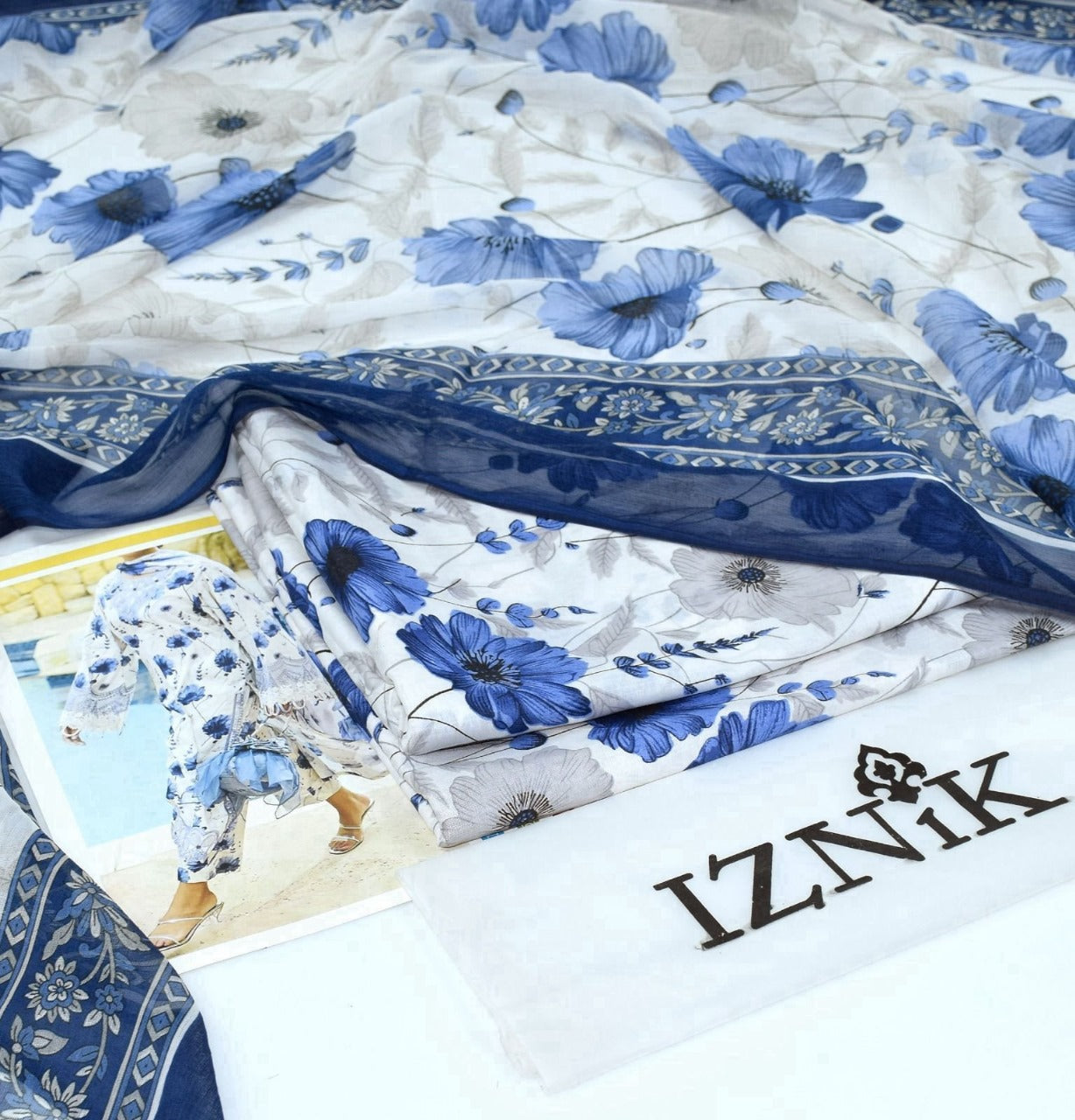 White and Blue | IZNIK | Premium Lawn Suit 3pc
