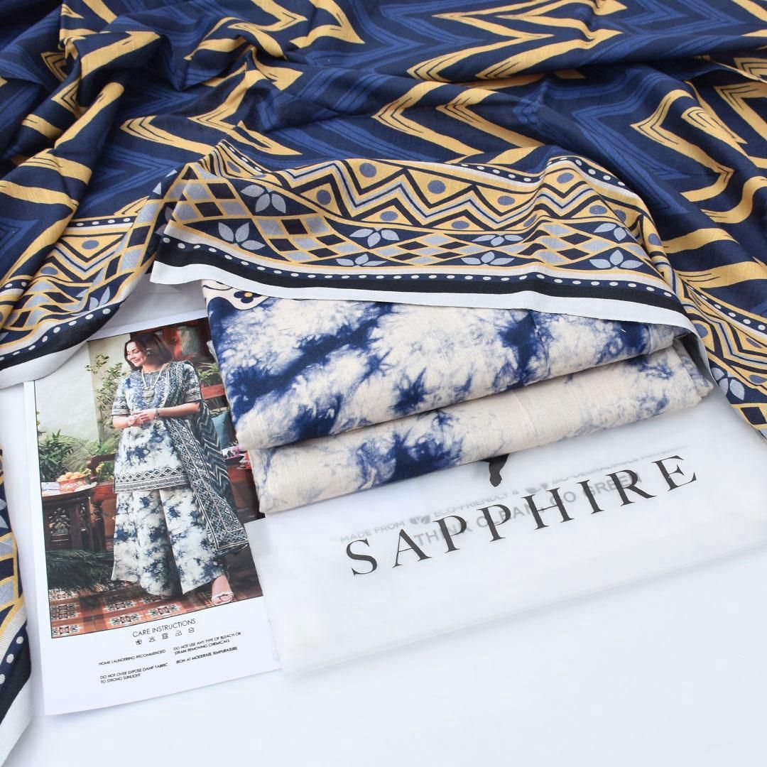 Sapphire khaddar 3pcs collection | Prussian blue & pearl white
