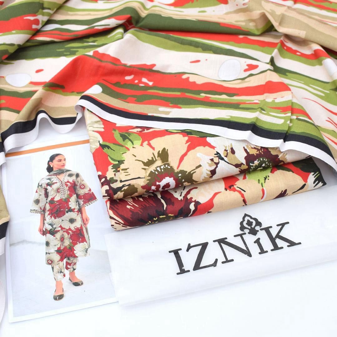 Iznik | 3pcs khaddar collection | Floral & abstract pattern of red/green/beige