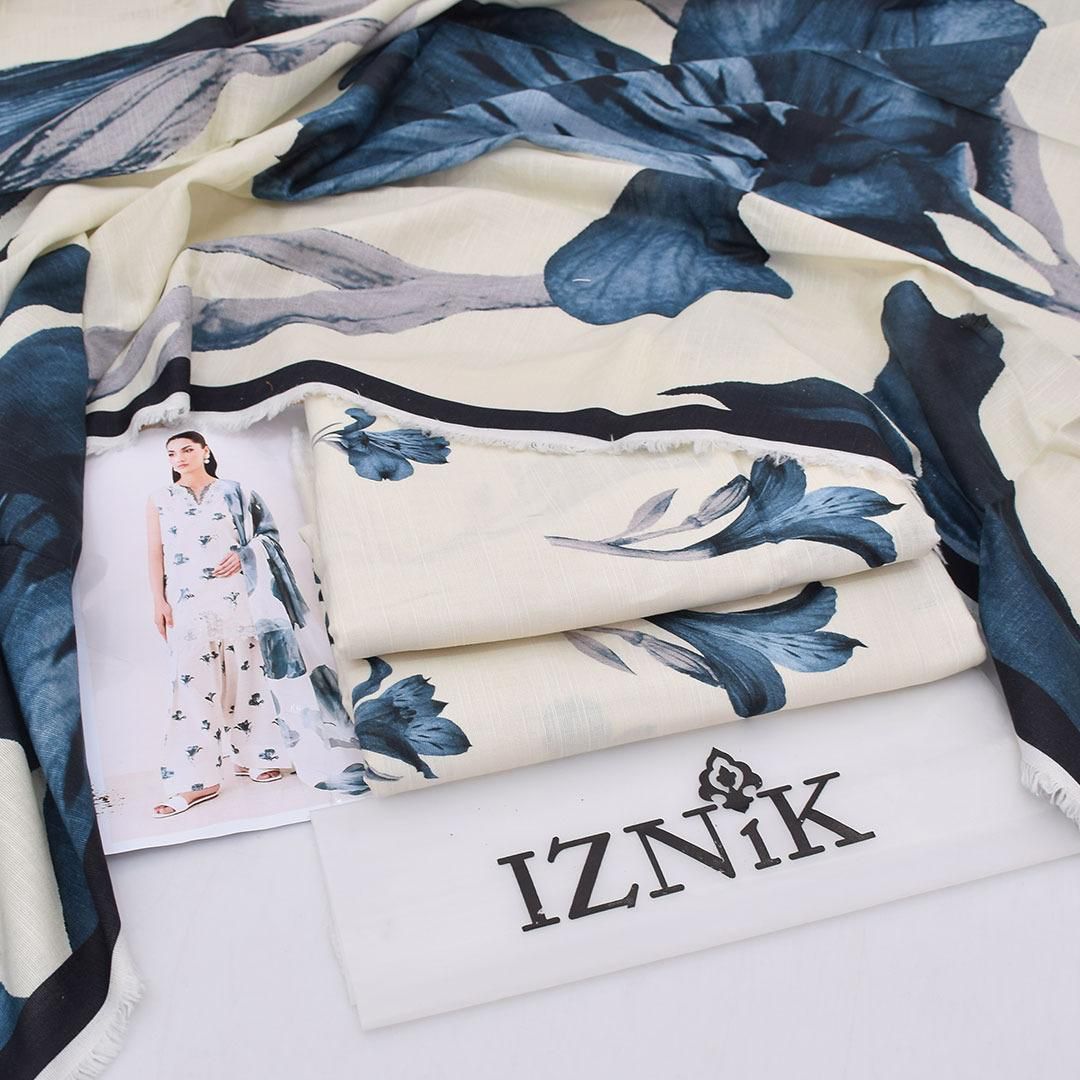 Iznik | 3pcs khaddar collection | broad and elongated flowers of cream / cobalt blue color