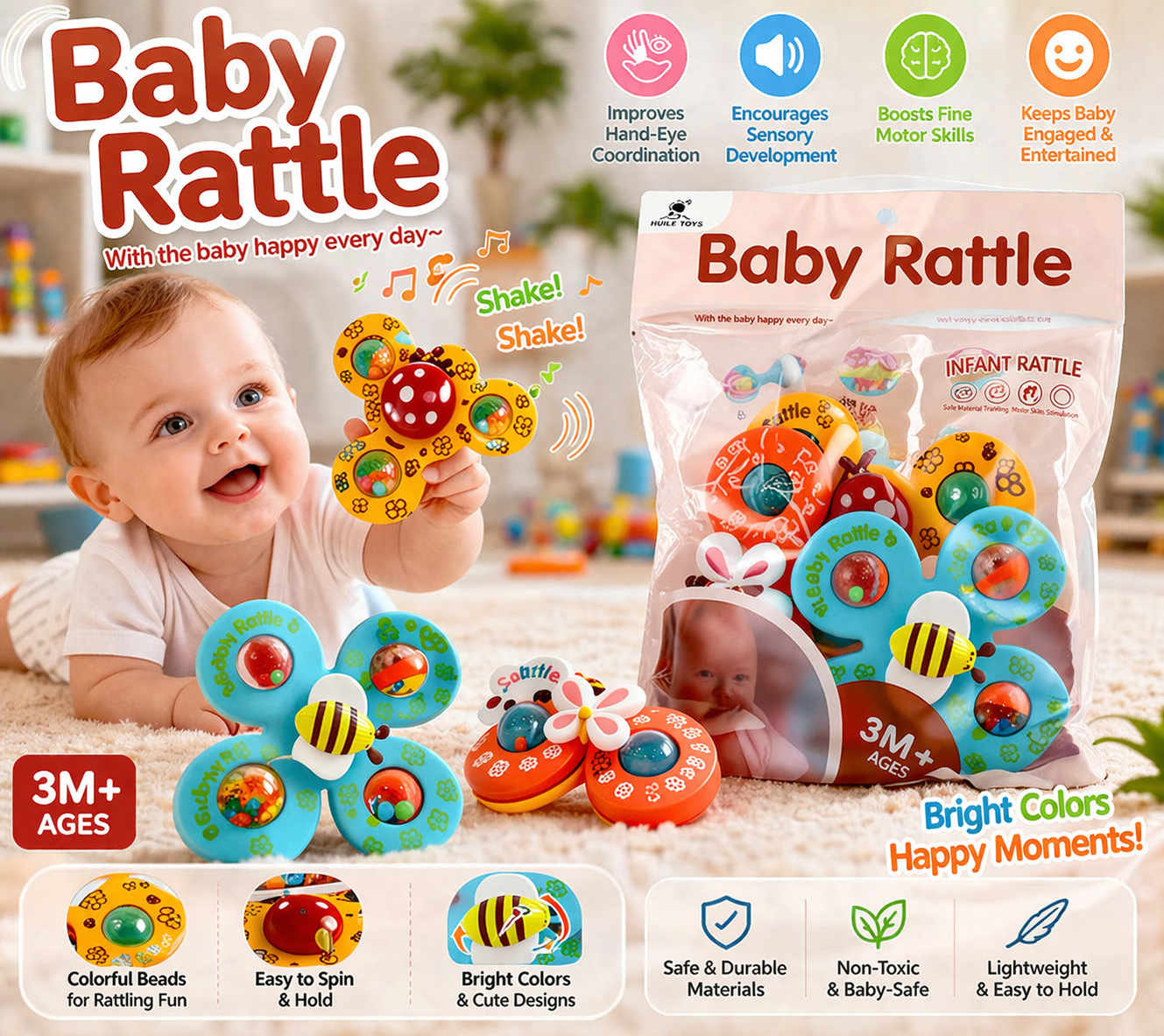 Baby Rattle Spinner Toy Set – Colorful Sensory & Motor Skills Development Toy for Infants (3M+)