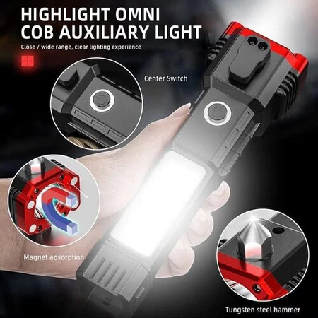4-in-1 LED Car Emergency Tool – Flashlight, Warning Light, Safety Hammer & Seatbelt Cutter