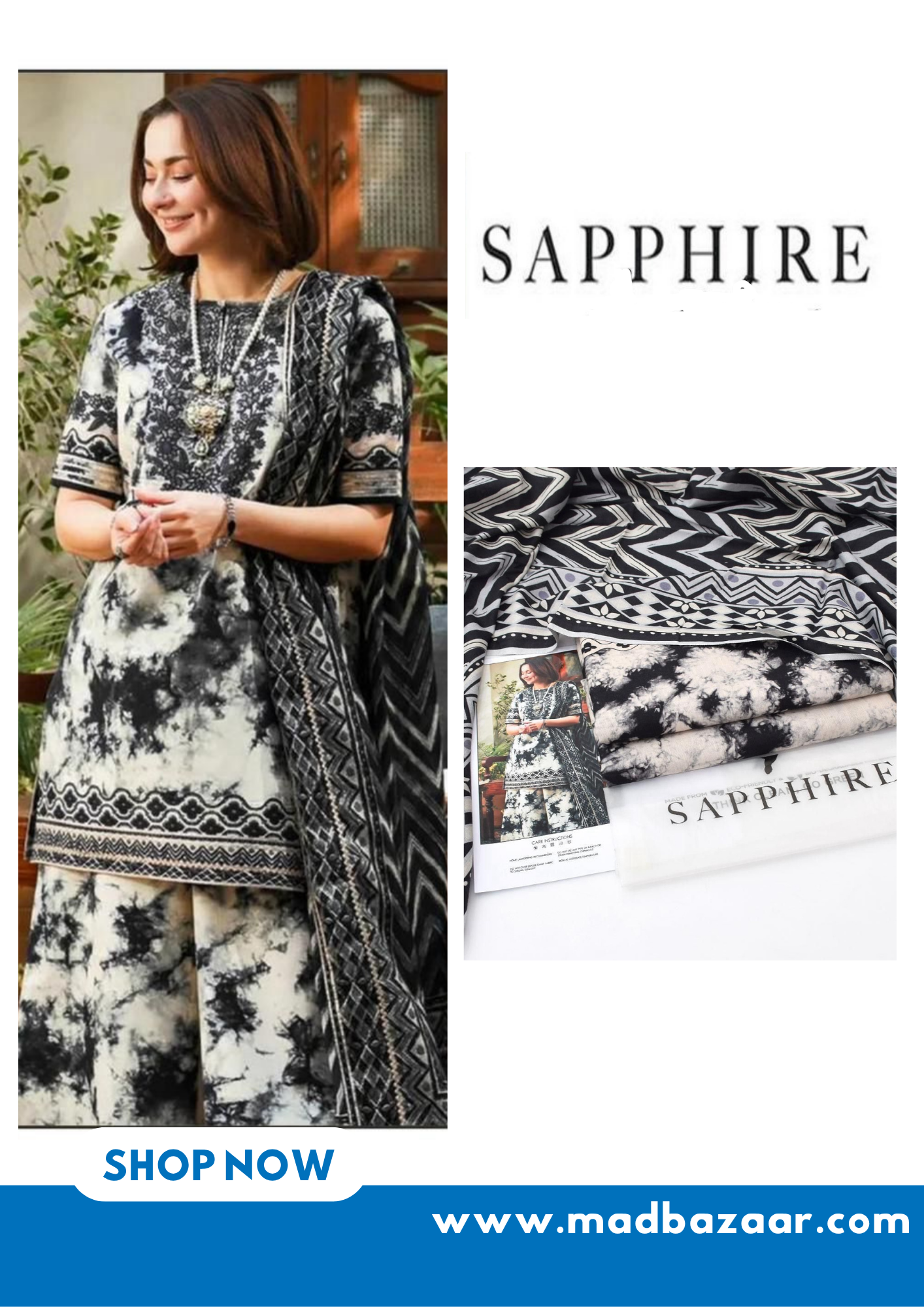 Sapphire khaddar 3pcs collection | ivory & black