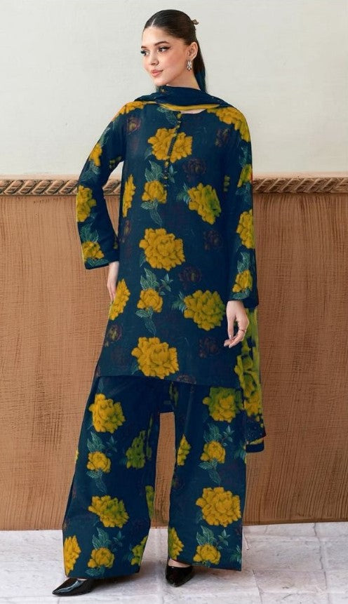 Dark blue and yellow Baroque Premium Lawn Suit 3pc