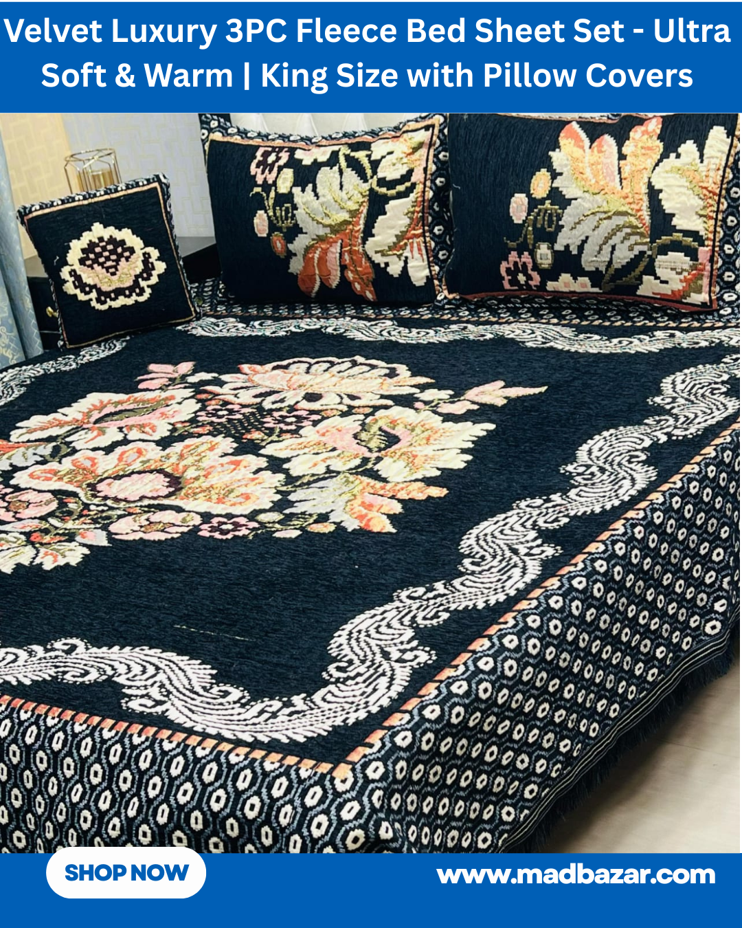 Dark Navy Blue Floral Velvet Luxury 3PC Fleece Bed Sheet Set – Ultra Soft & Warm 