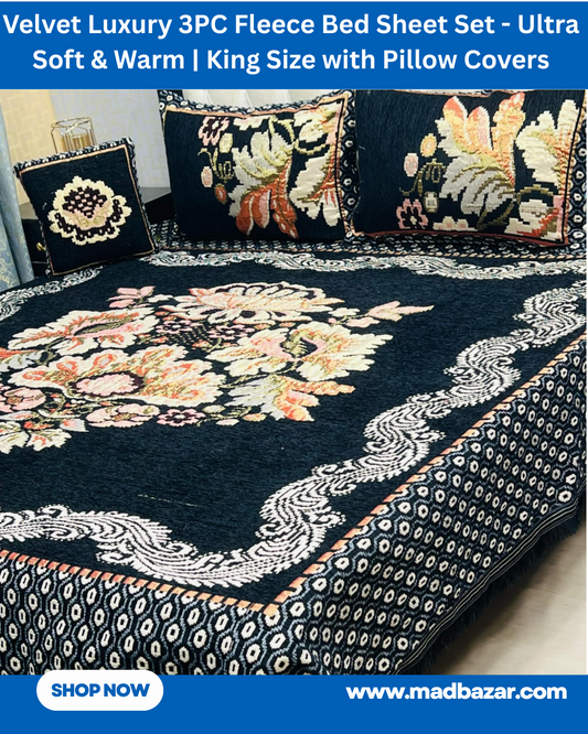 Dark Navy Blue Floral Velvet Luxury 3PC Fleece Bed Sheet Set – Ultra Soft & Warm 
