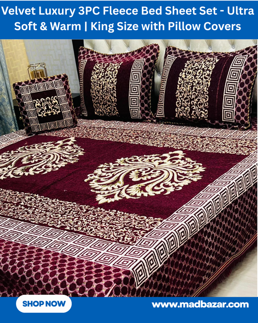 Mehroon & White Velvet Luxury 3PC Fleece Bed Sheet Set – Ultra Soft & Warm | King Size Bedding