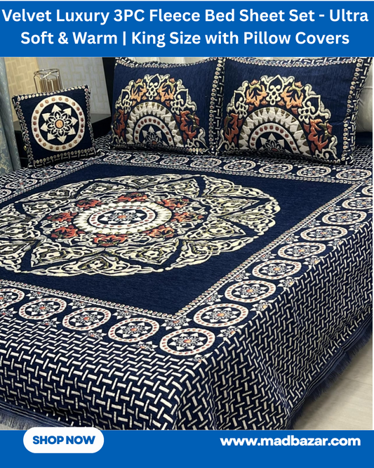 Dark Blue, White  & red Velvet Luxury 3PC Fleece Bed Sheet Set