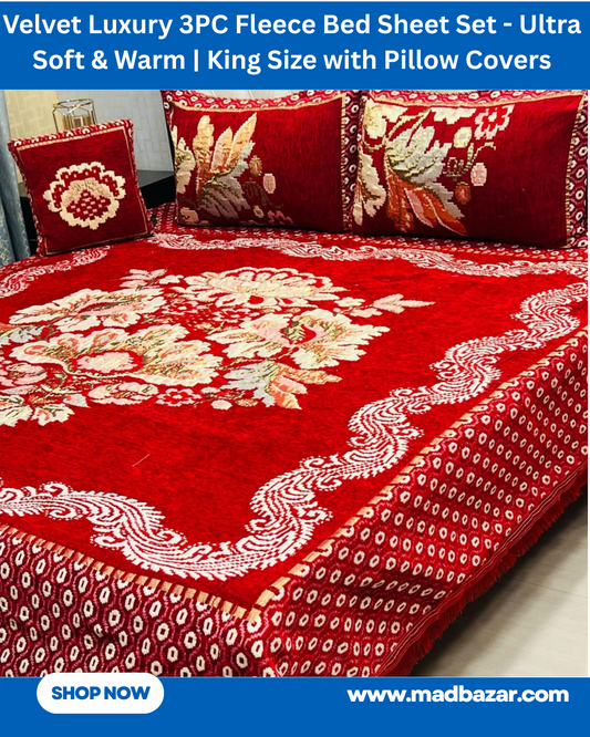 Red & Cream Velvet Luxury 3PC Fleece Bed Sheet Set – Ultra Soft & Warm
