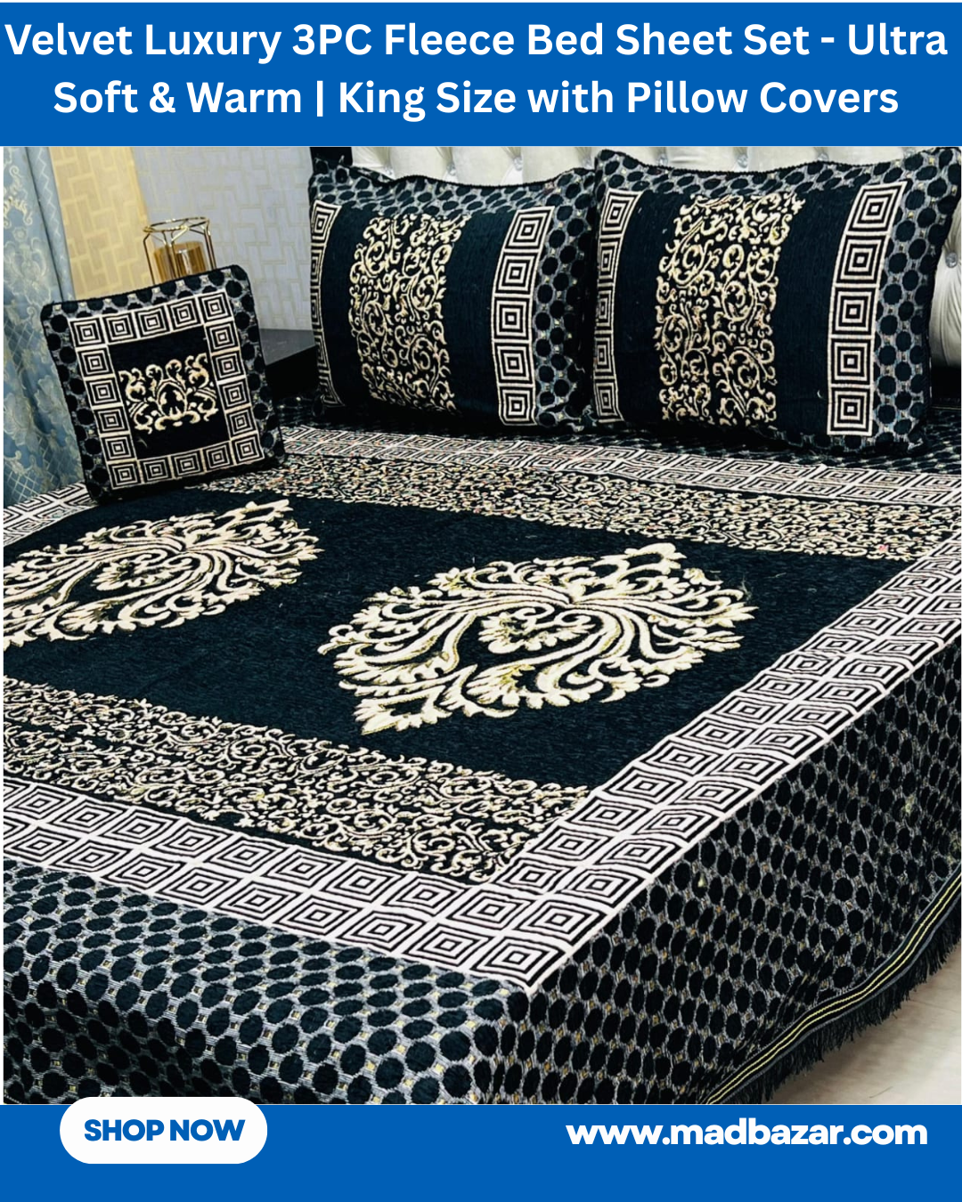 Black & White Velvet Luxury 3PC Fleece Bed Sheet Set 