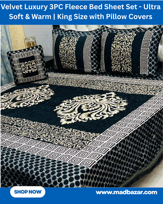 Black & White Velvet Luxury 3PC Fleece Bed Sheet Set 