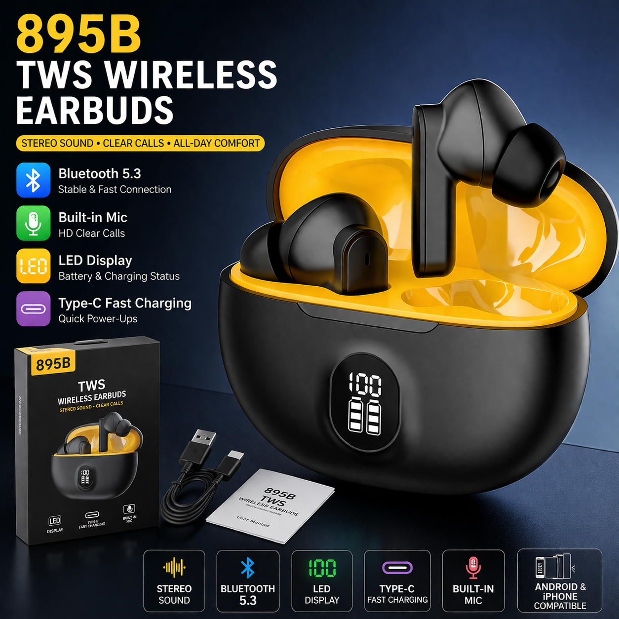 895B TWS Wireless Earbuds – Bluetooth 5.3, LED Display, Type-C Fast Charging, Stereo Sound with Mic (Android & iPhone Compatible)