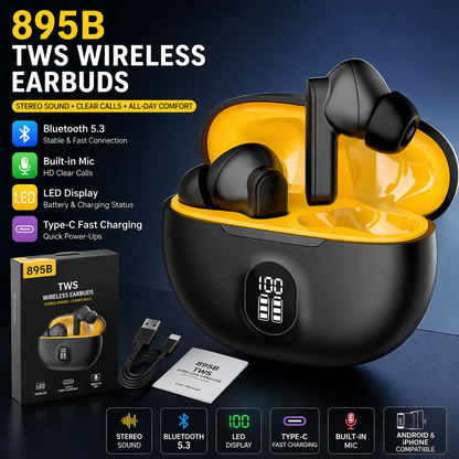 895B TWS Wireless Earbuds – Bluetooth 5.3, LED Display, Type-C Fast Charging, Stereo Sound with Mic (Android & iPhone Compatible)