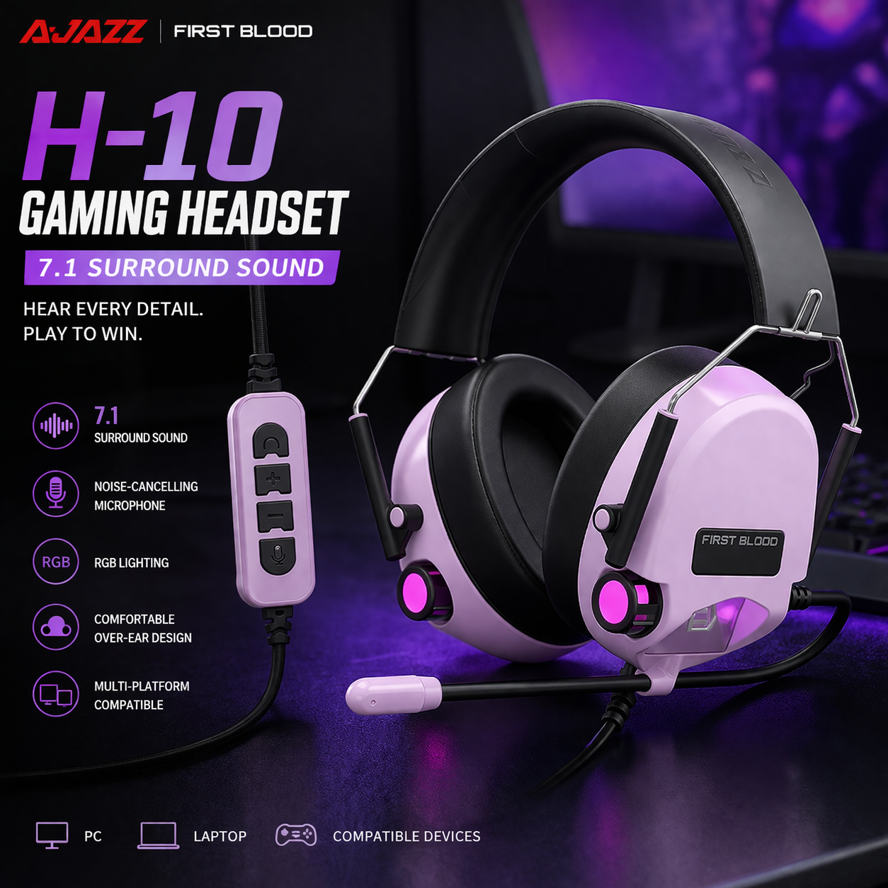 Ajazz FirstBlood H-10 Gaming Headset – 7.1 Surround Sound, RGB Lights, Noise-Cancelling Mic