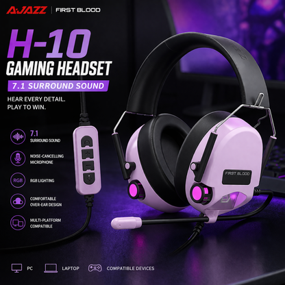 Ajazz FirstBlood H-10 Gaming Headset – 7.1 Surround Sound, RGB Lights, Noise-Cancelling Mic