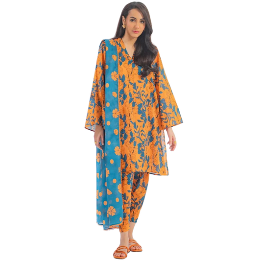 Ego Viscose 3-Piece Unstitched Suit –Mustad & blue  Floral Digital Printed Shirt, Trouser & Dupatta | Winter Collection 2025