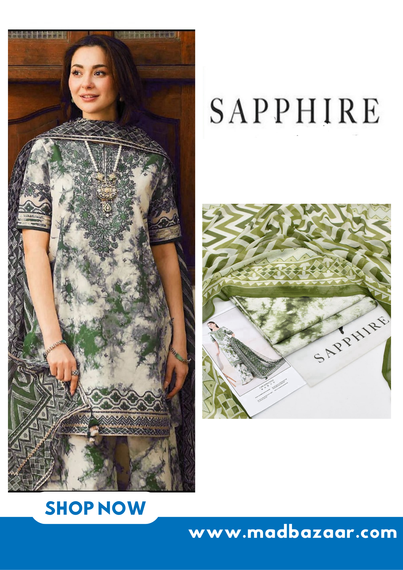 White with green texture | Premium Lawn Suit 3pc | Sapphire