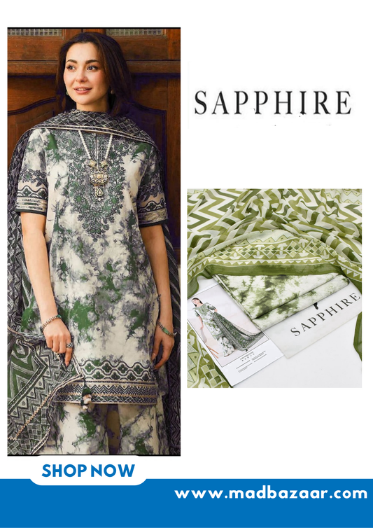 White with green texture | Premium Lawn Suit 3pc | Sapphire