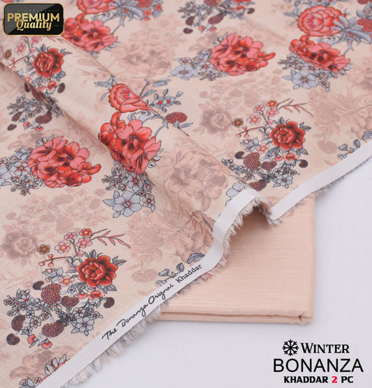 Khaddar 2pcs Bonanza's winter collection | Skin color with dull red flowers