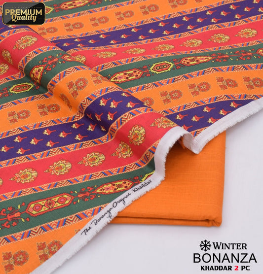Bonanza's Winter collection | Orange color with multishades design | Khaddar stuff