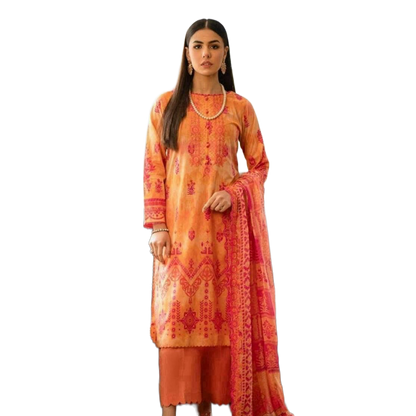 Orange Orient 3-Piece Digital Printed Suit - Timeless Elegance