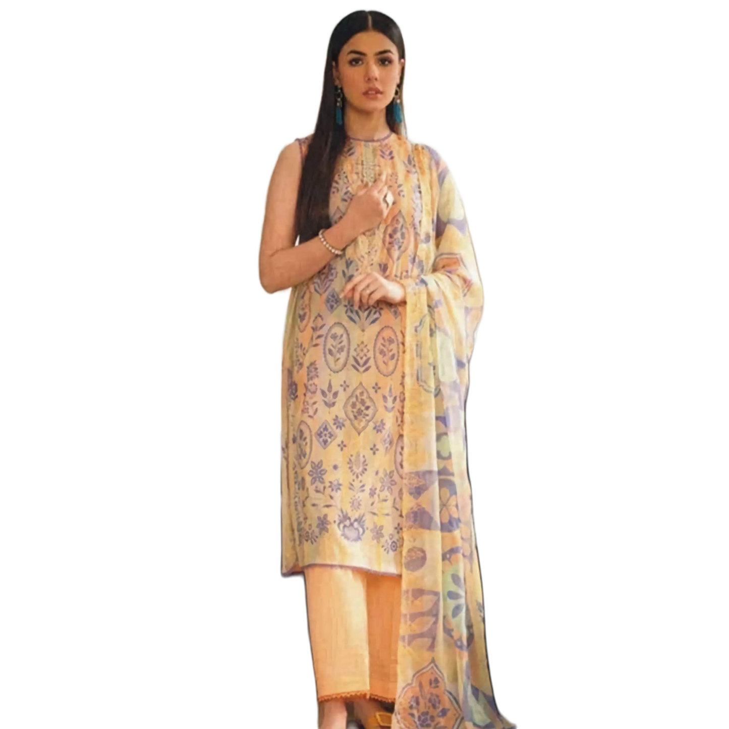 Light Yellow Orient 3-Piece Digital Printed Suit - Timeless Elegance