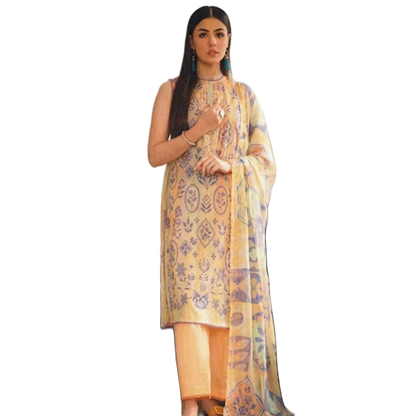 Light Yellow Orient 3-Piece Digital Printed Suit - Timeless Elegance