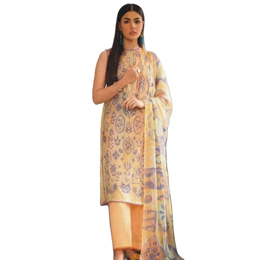 Light Yellow Orient 3-Piece Digital Printed Suit - Timeless Elegance