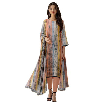 Peach Orient 3-Piece Digital Printed Suit - Timeless Elegance