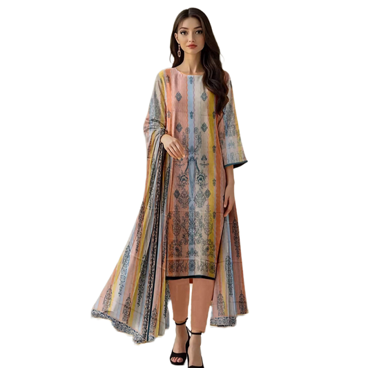 Peach Orient 3-Piece Digital Printed Suit - Timeless Elegance