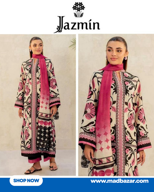 Pink & White Viscose 3-Piece Suit – Winter Collection 2025 | Jazmin