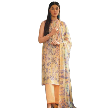 Light Yellow Orient 3-Piece Digital Printed Suit - Timeless Elegance