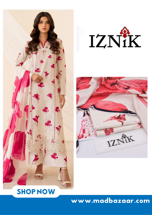 Iznik | 3pcs khaddar collection | broad and elongated flowers of cream / cobalt pink color