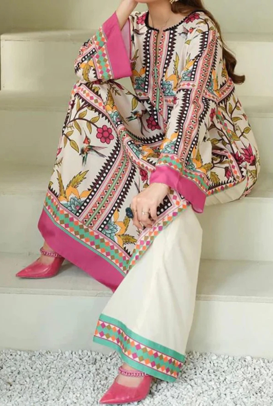 White Digital Printed 3PC Shamooz Silk Set