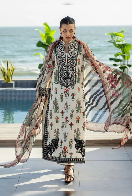 White Digital Printed 3PC Shamooz Silk Set