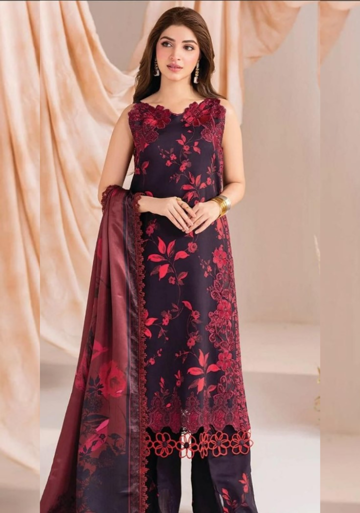 Sapphire collection | 3pcs khaddar suit | navy blue & maroon