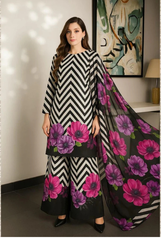white black Digital Printed 3PC Shamooz Silk Set