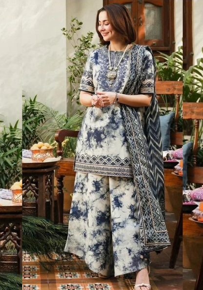 Sapphire khaddar 3pcs collection | Prussian blue & pearl white