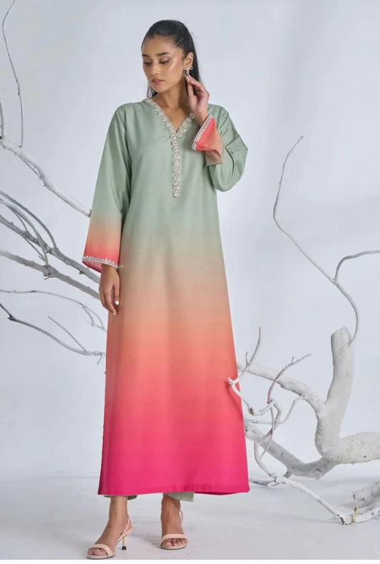 Sea Green Tie & Dye Digital Printed 3PC Shamooz Silk Set