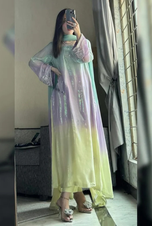 Sea Green Tie & Dye Digital Printed 3PC Shamooz Silk Set